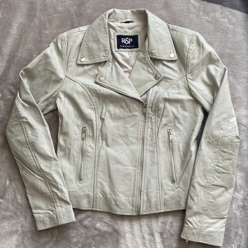 Leather motorcycle jacket light grey lamb leather size 38 women’s